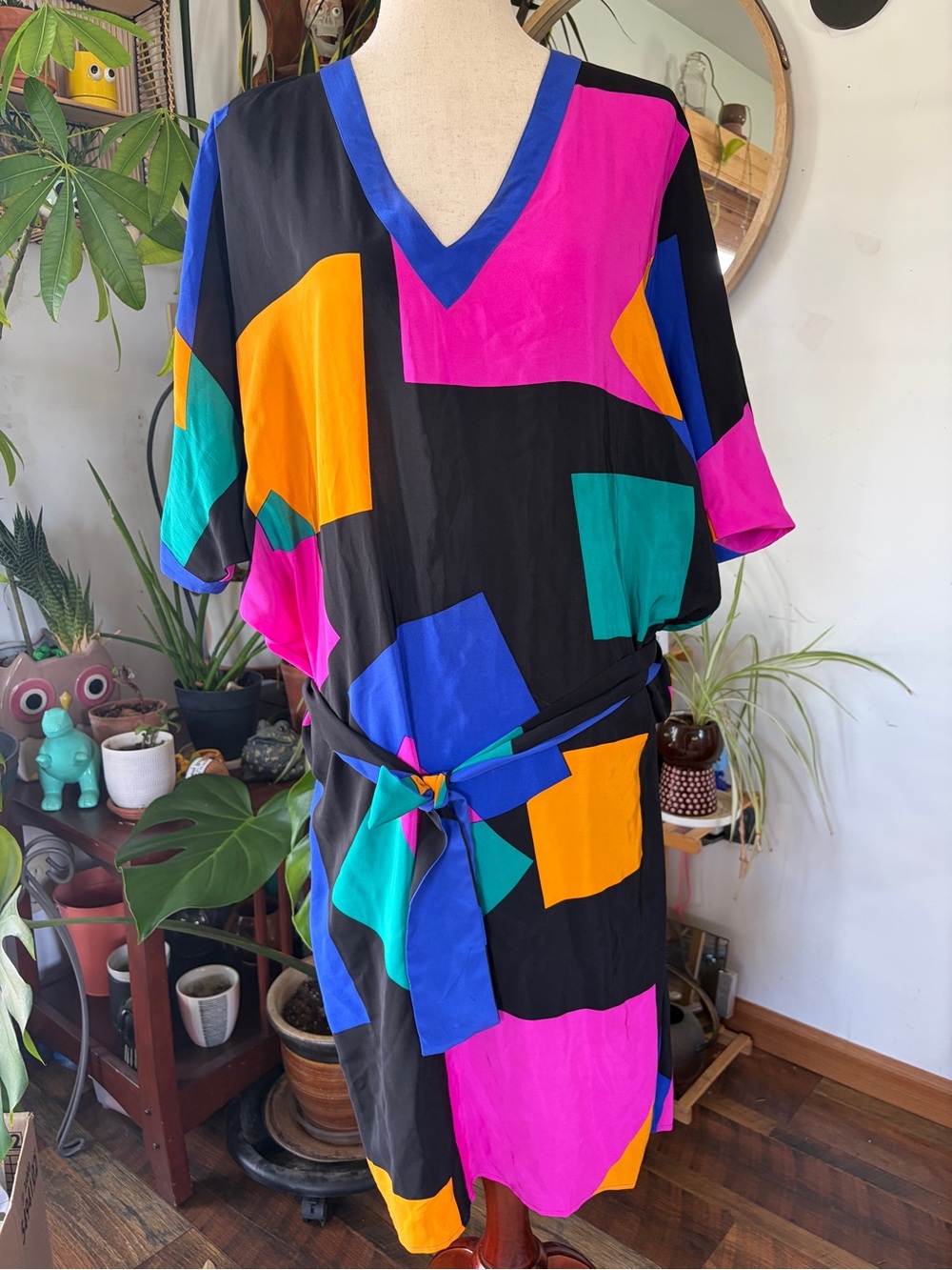 Vtg 80s Flora Kung Advance Silk Geometric Colorblock Dress Batwing Midi‎ 10